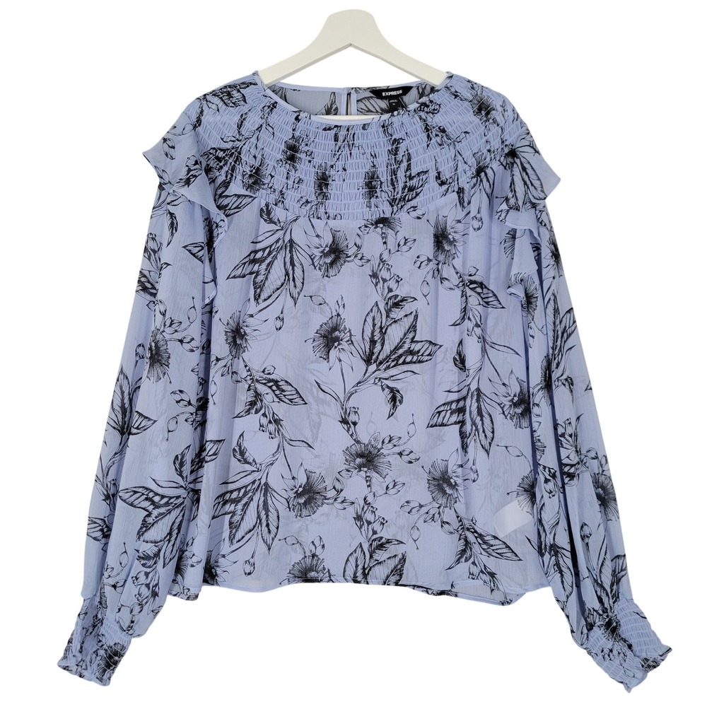 Express Floral Blouse Womens XL Blue Smocked Ruffle Shoulder Chiffon Top